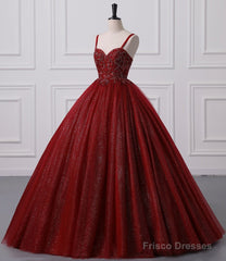 Burgundy Bling Tulle Ball gowns Long Prom Dress with Embroidered Sequins