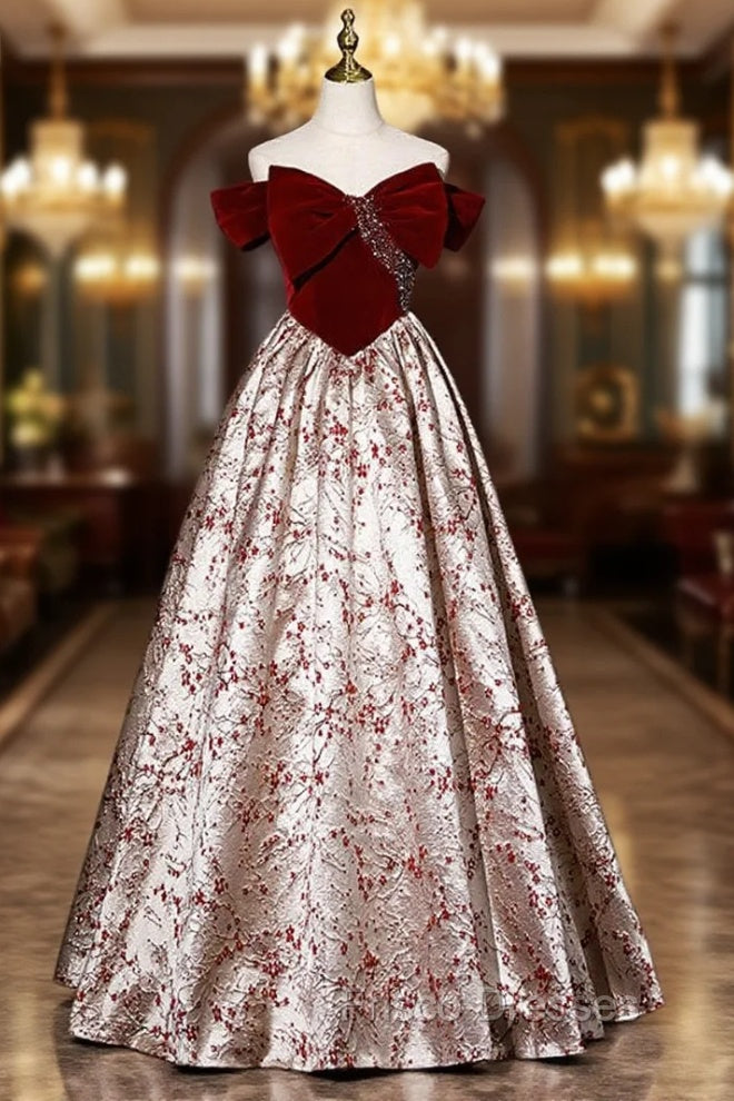 Burgundy Bow Velvet Off the Shoulder Beading Formal Prom Dress Main image