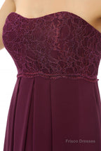 Burgundy Chiffon Lace Sweetheart High Waist Bridesmaid Dresses
