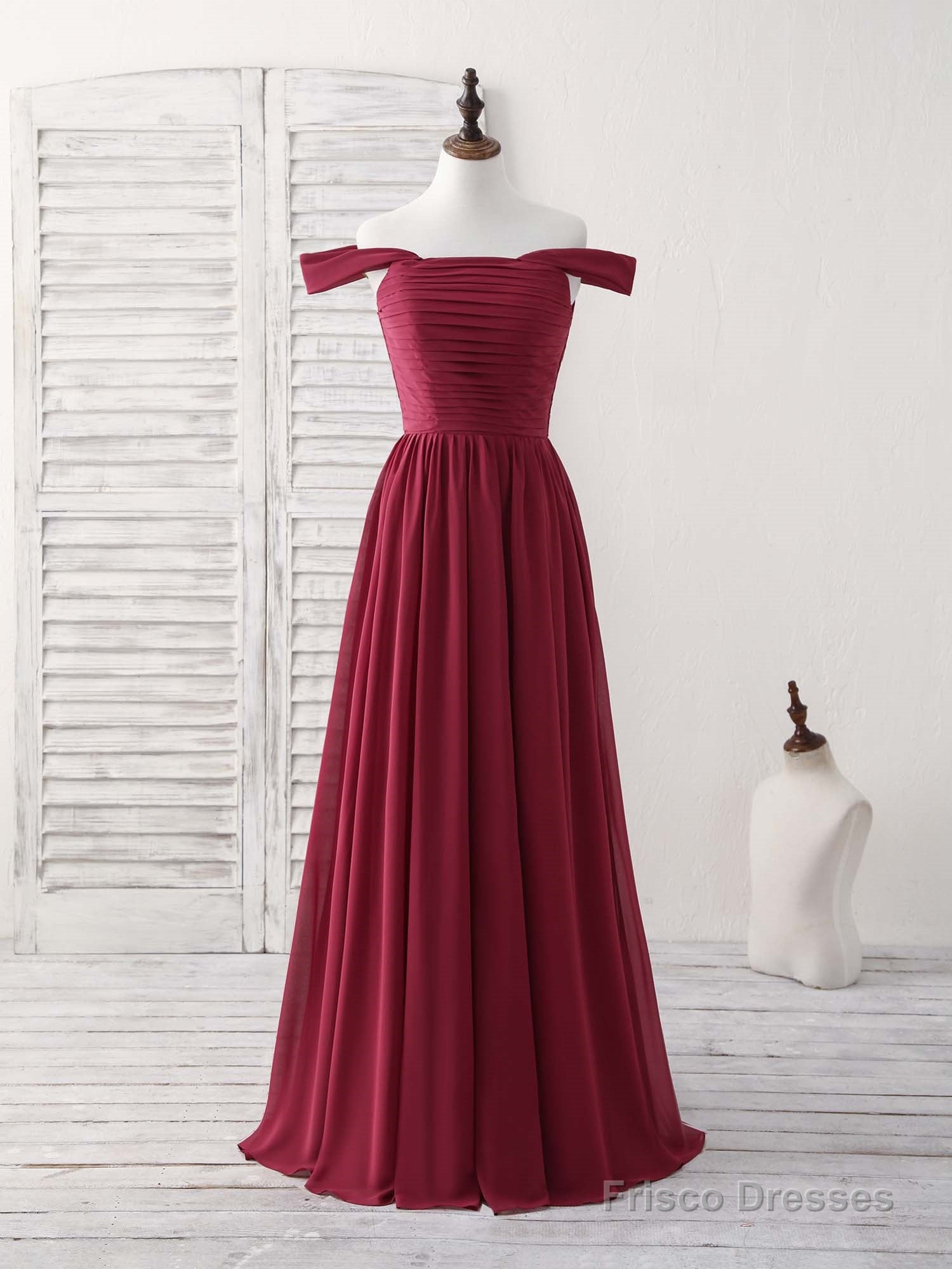 Burgundy Chiffon Off Shoulder Long Prom Dress Burgundy Bridesmaid Dress Main image