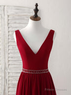 Burgundy Chiffon V Neck Beads Long Prom Dress Burgundy Evening Dress
