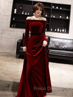 Burgundy Classic Evening Dress Velvet Long Sleeve Off Shoulder Formal Prom Dress
