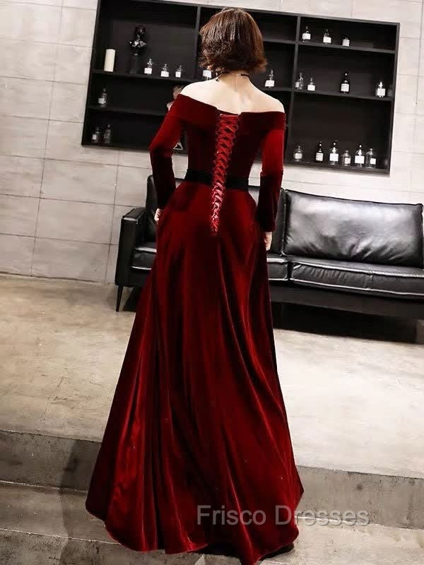 Burgundy Classic Evening Dress Velvet Long Sleeve Off Shoulder Formal Prom Dress