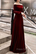 Burgundy Classic Evening Dress Velvet Long Sleeve Off Shoulder Formal Prom Dress