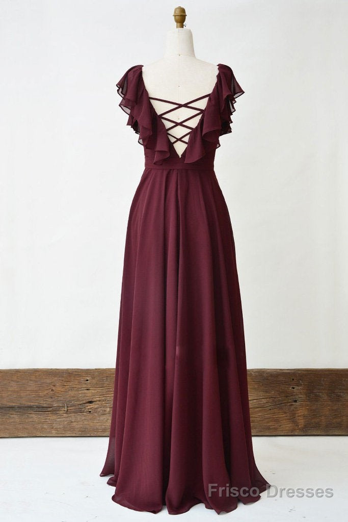 Burgundy Cross Back A Line Chiffon Long Prom Dress