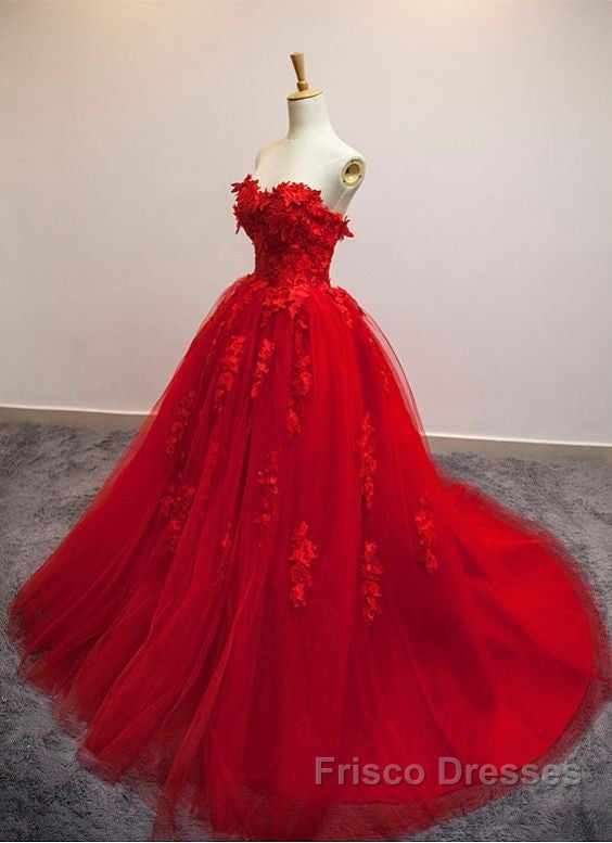Burgundy Floral Lace Sweetheart Tulle Ball Gown Wedding Dress