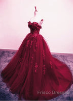 Burgundy Floral Lace Sweetheart Tulle Ball Gown Wedding Dress