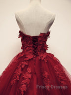 Burgundy Floral Lace Sweetheart Tulle Ball Gown Wedding Dress