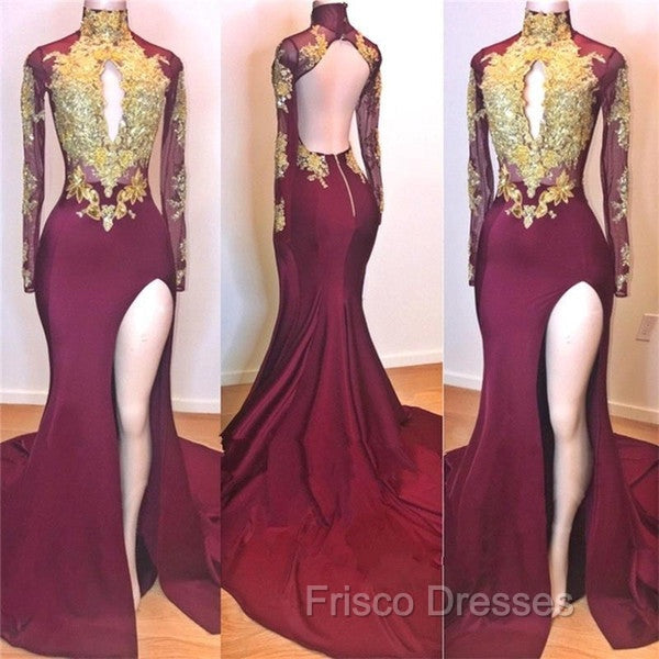 Burgundy Gold Appliques Long Sleevess Side Slit Open Back Mermaid Formal Prom Dress Secondary image