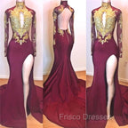 Burgundy Gold Appliques Long Sleevess Side Slit Open Back Mermaid Formal Prom Dress