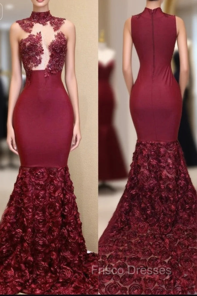 Burgundy Gold Appliques Long Sleevess Side Slit Open Back Mermaid Formal Prom Dress Main image