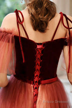Burgundy Gradient Tulle Long Prom Dress, Lovely Spaghetti Strap Evening Dress