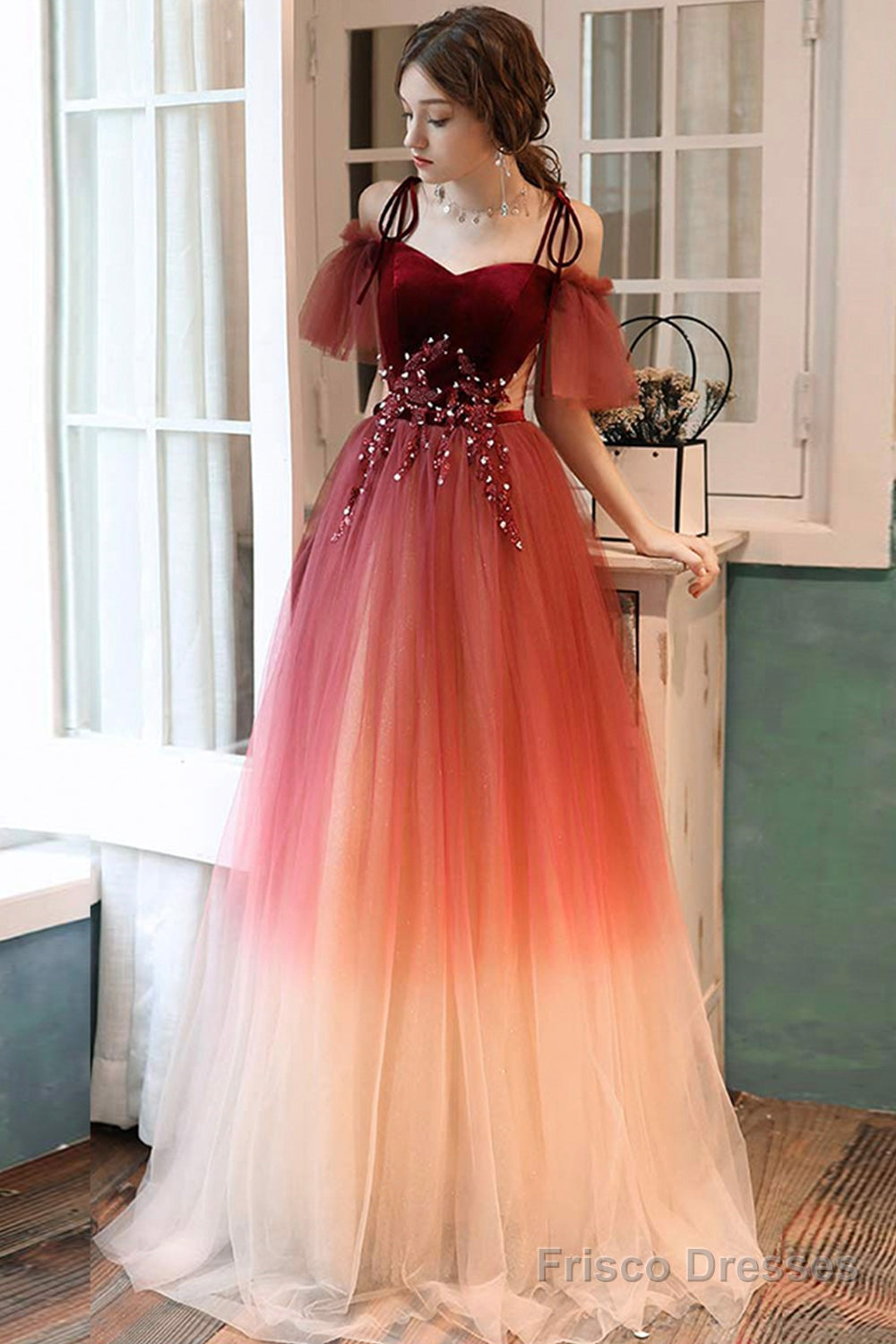 Burgundy Gradient Tulle Long Prom Dress, Lovely Spaghetti Strap Evening Dress Main image