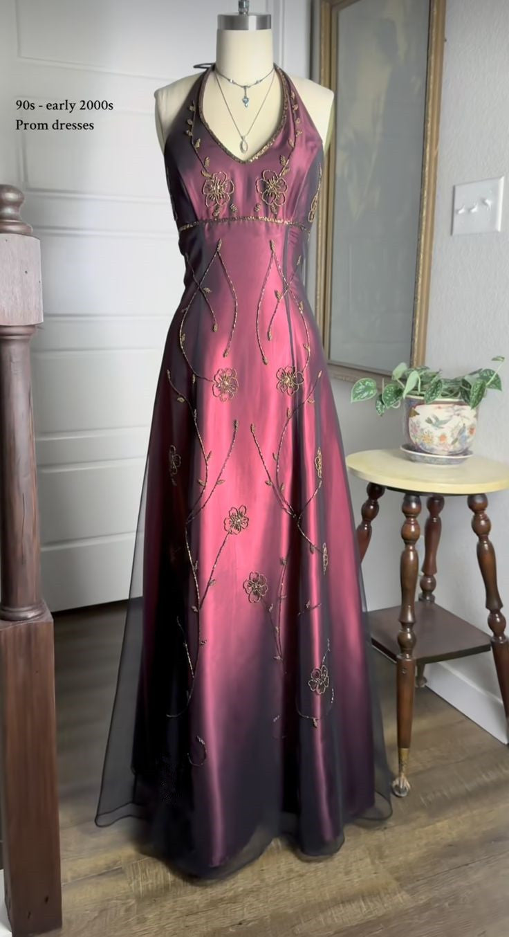 Vintage Fuchsia Halter-Neck A-Line Beaded Chiffon Long Prom Dress Even – Frisco Dresses