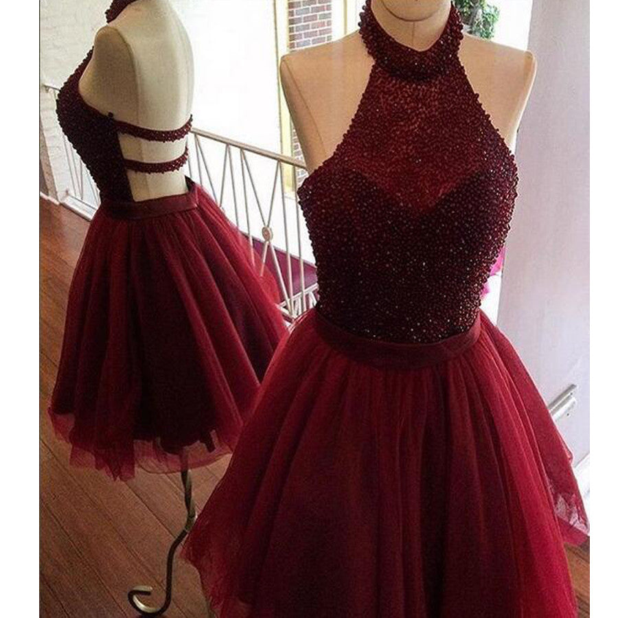 Burgundy Halter Beaded Open Back Unique homecoming dresses
