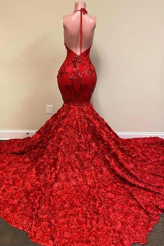 Burgundy Halter Mermaid V-Neck Low Back Flowers Prom Dresses