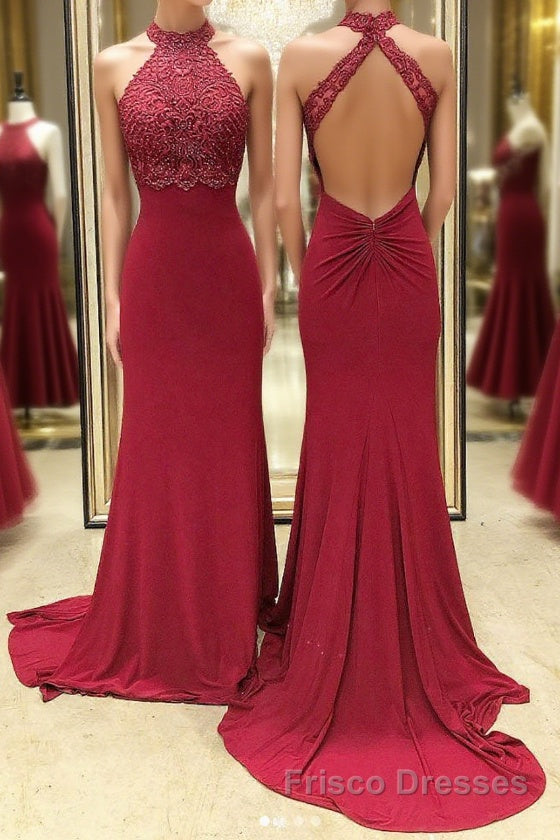 Burgundy high neck lace mermaid long Formal Prom Dresses, lace evening Dresses Main image