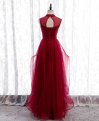 Burgundy High Neck Tulle Sequin Beads Long Evening Dresses