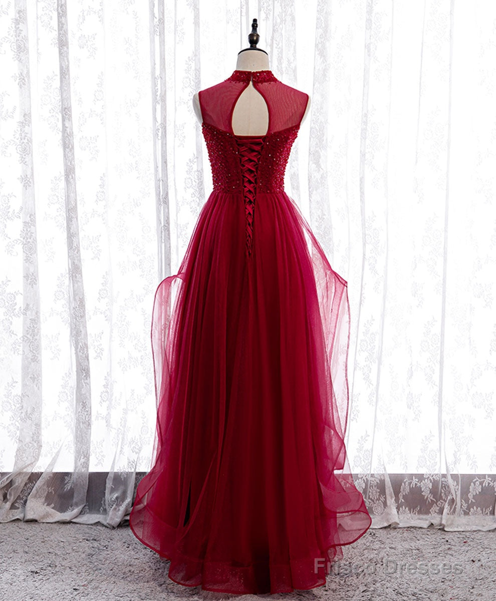 Burgundy High Neck Tulle Sequin Beads Long Evening Dresses