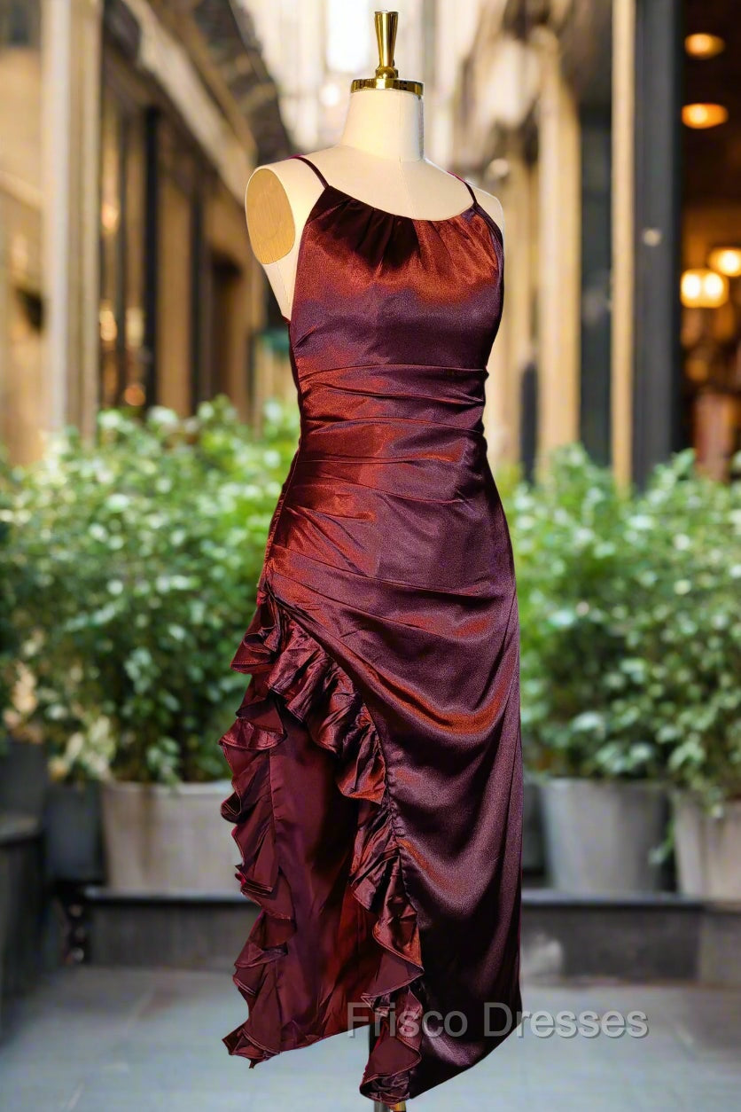 Burgundy Homecoming Dress Vintage Backless Ruffle Asymmetrical Midi Length Party Dress Secondary image