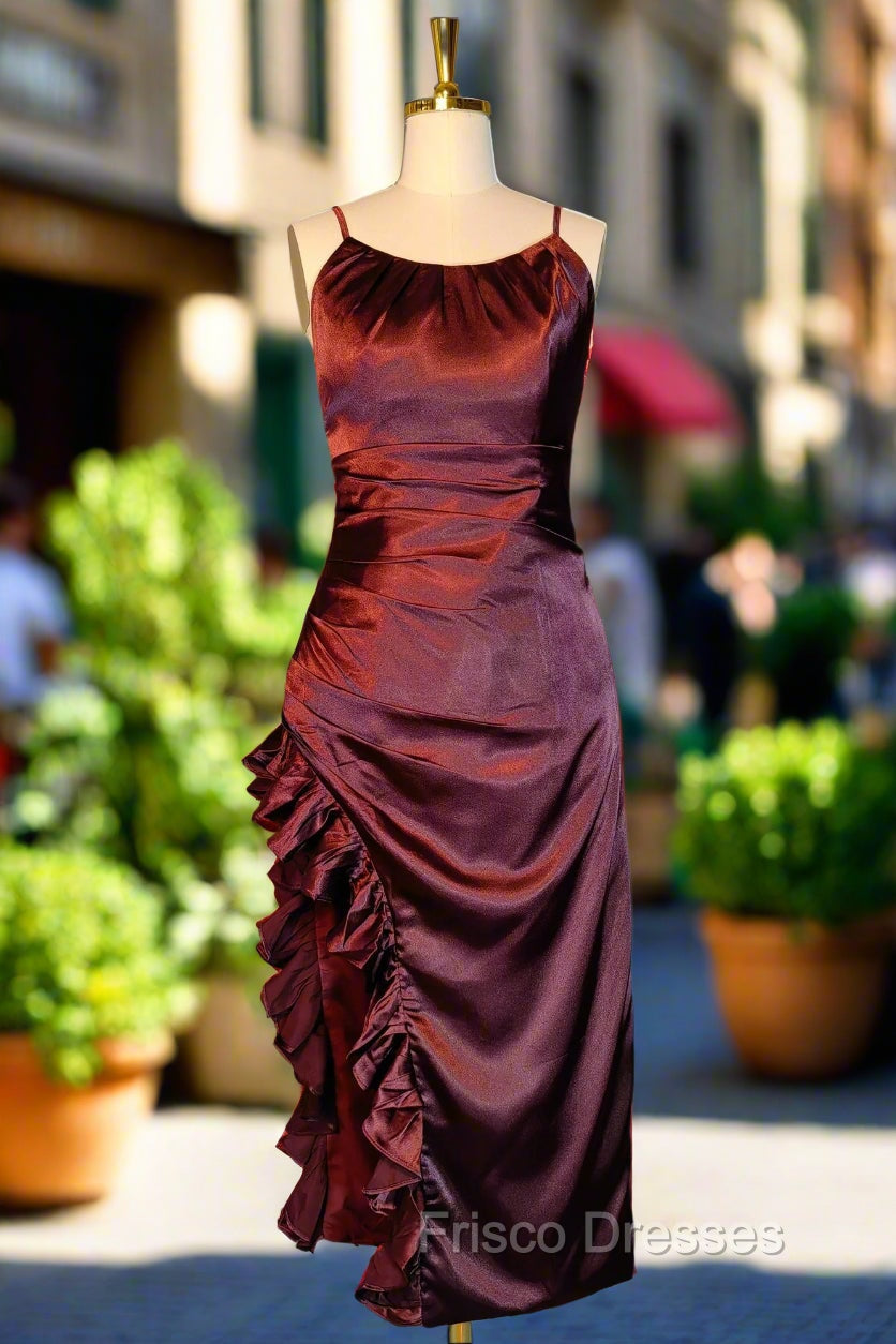 Burgundy Homecoming Dress Vintage Backless Ruffle Asymmetrical Midi Length Party Dress Main image