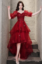 Burgundy Lace High Low Prom Dress, A-Line 1/2 Sleeve Evening Party Dress