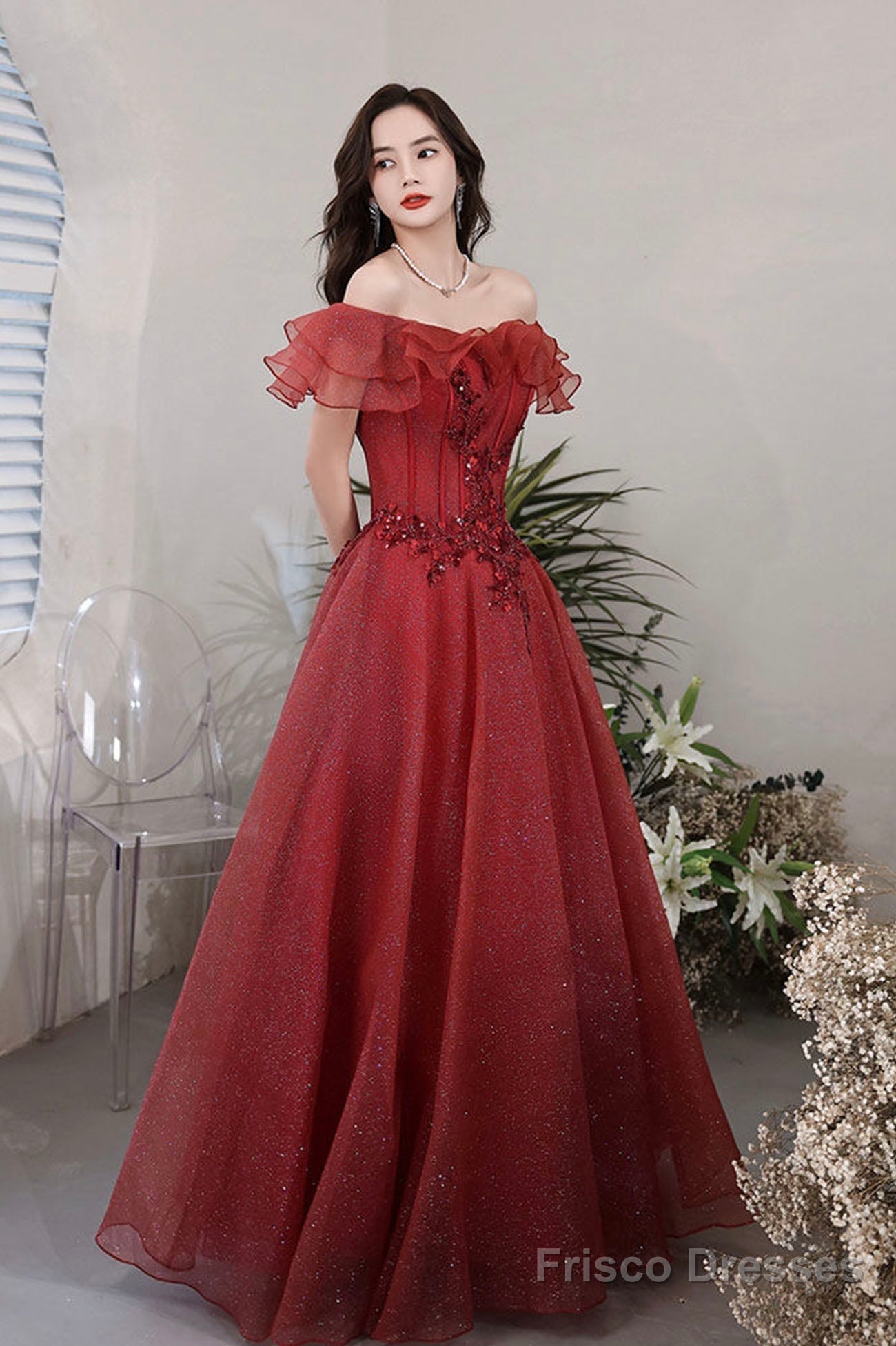 Burgundy Lace Long A-Line Prom Dress, Off The Shoulder Evening Party Dress Main image