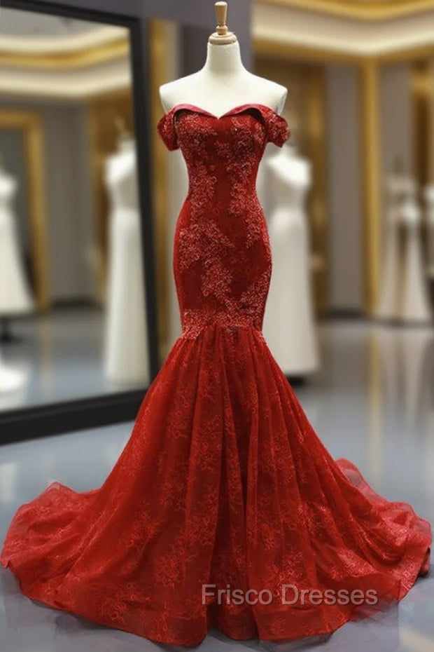 Burgundy Lace Mermaid Off The Shoulder Formal Prom Dress With Beading Main image