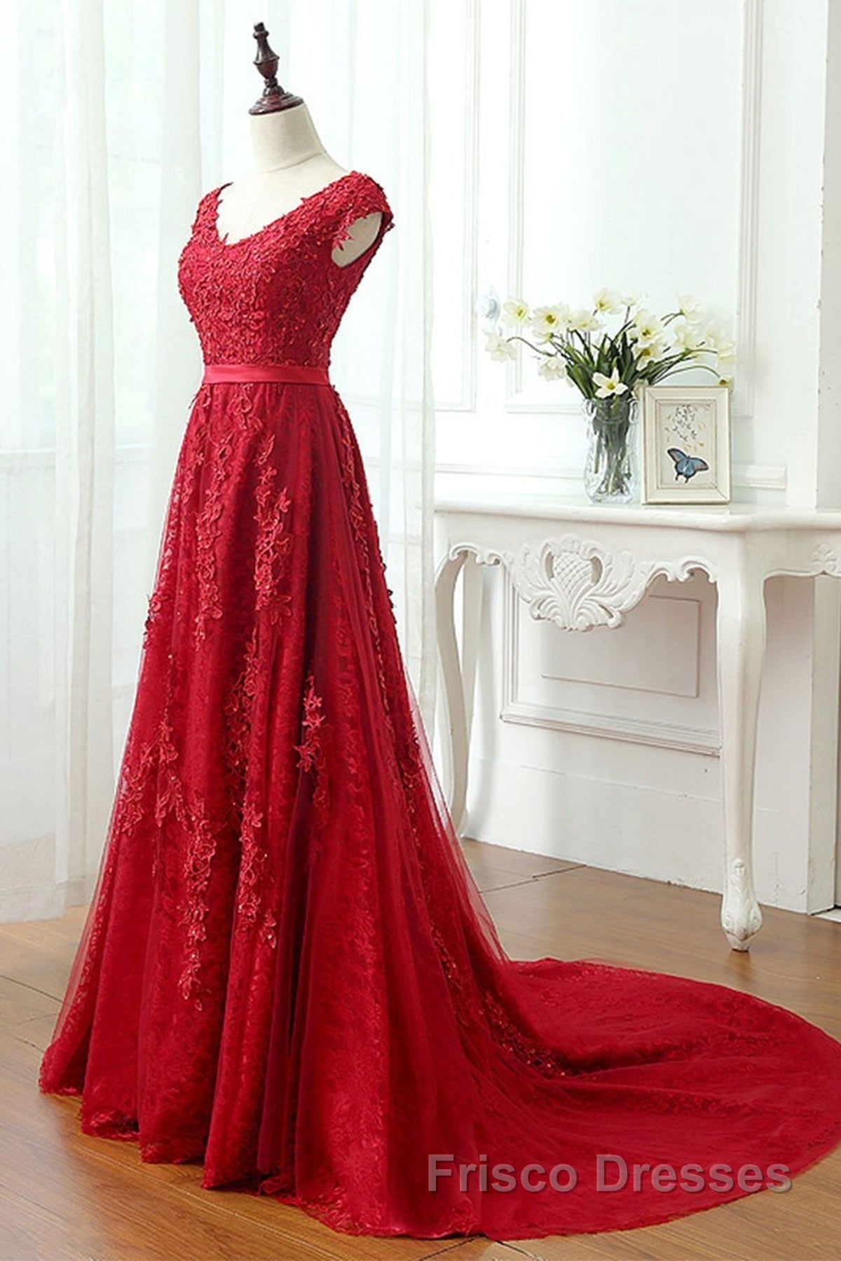 Burgundy Lace Formal Prom Dresses with Train, Wine Red Lace Formal Evening Dresses Secondary image