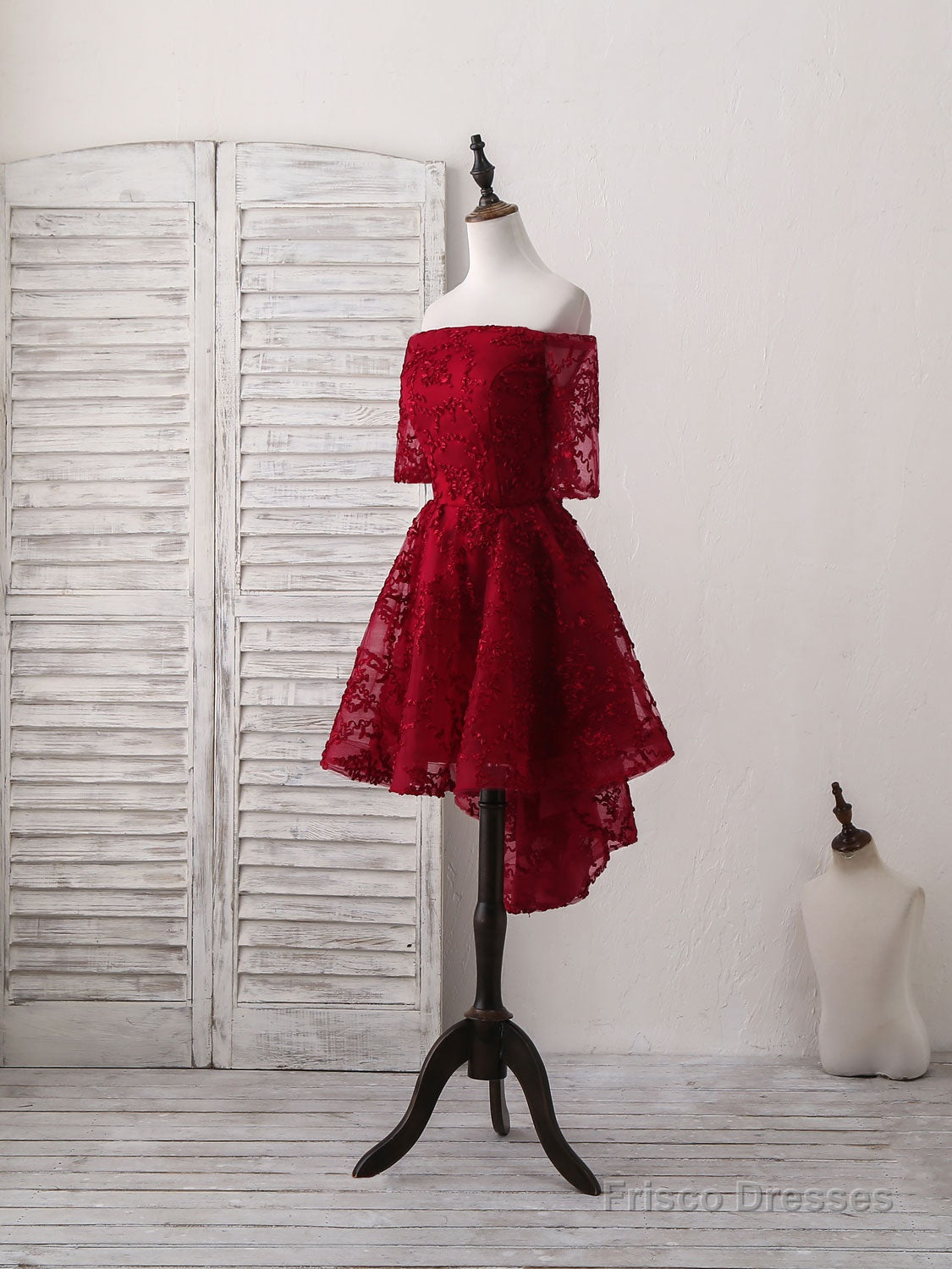 Burgundy Lace Short Prom Dress, Burgundy Homecoming Dress Main image