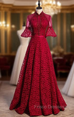Burgundy Lace Short Sleeve Handwork Beading Formal Prom Dress