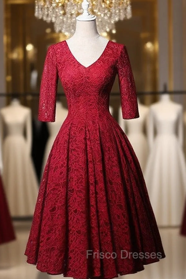 Burgundy Lace Short Sleeve V-neck Short Formal Prom Dress