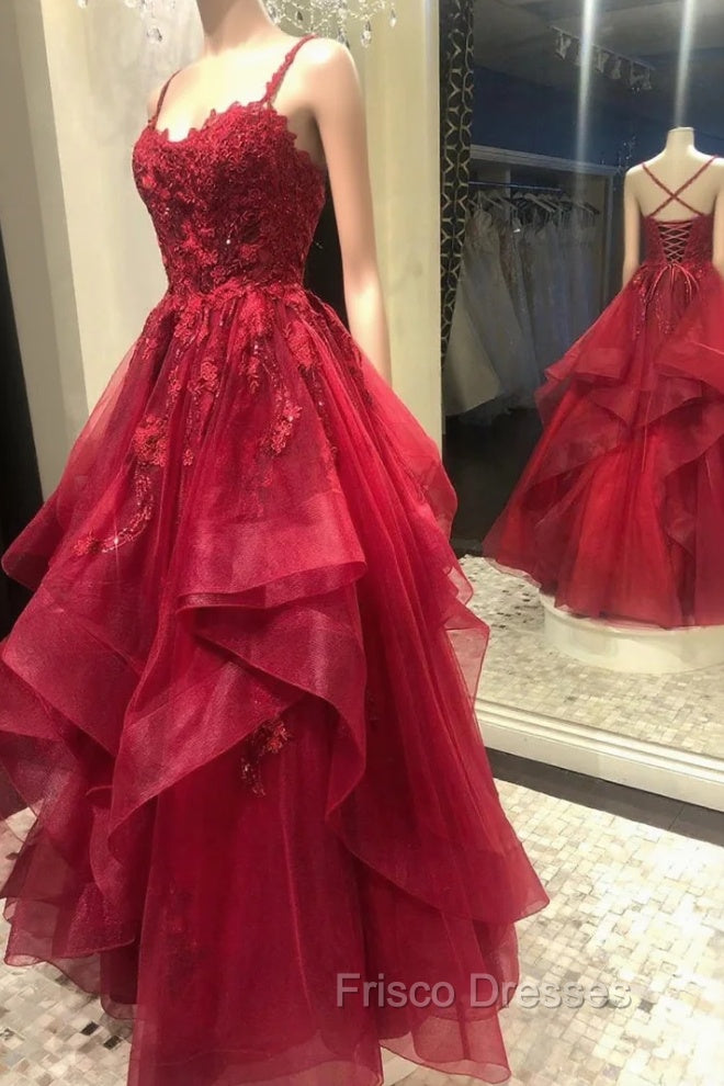 Burgundy Lace Tulle Layers Long Formal Prom Dress, A-Line Evening Party Dress Main image