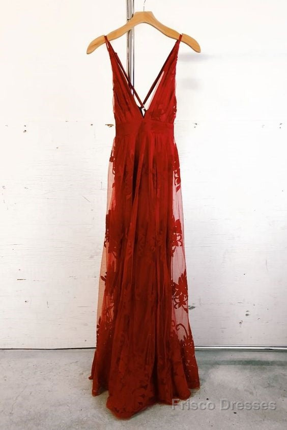 Burgundy Lace Tulle Long Prom Dress, Burgundy Evening Dress Main image