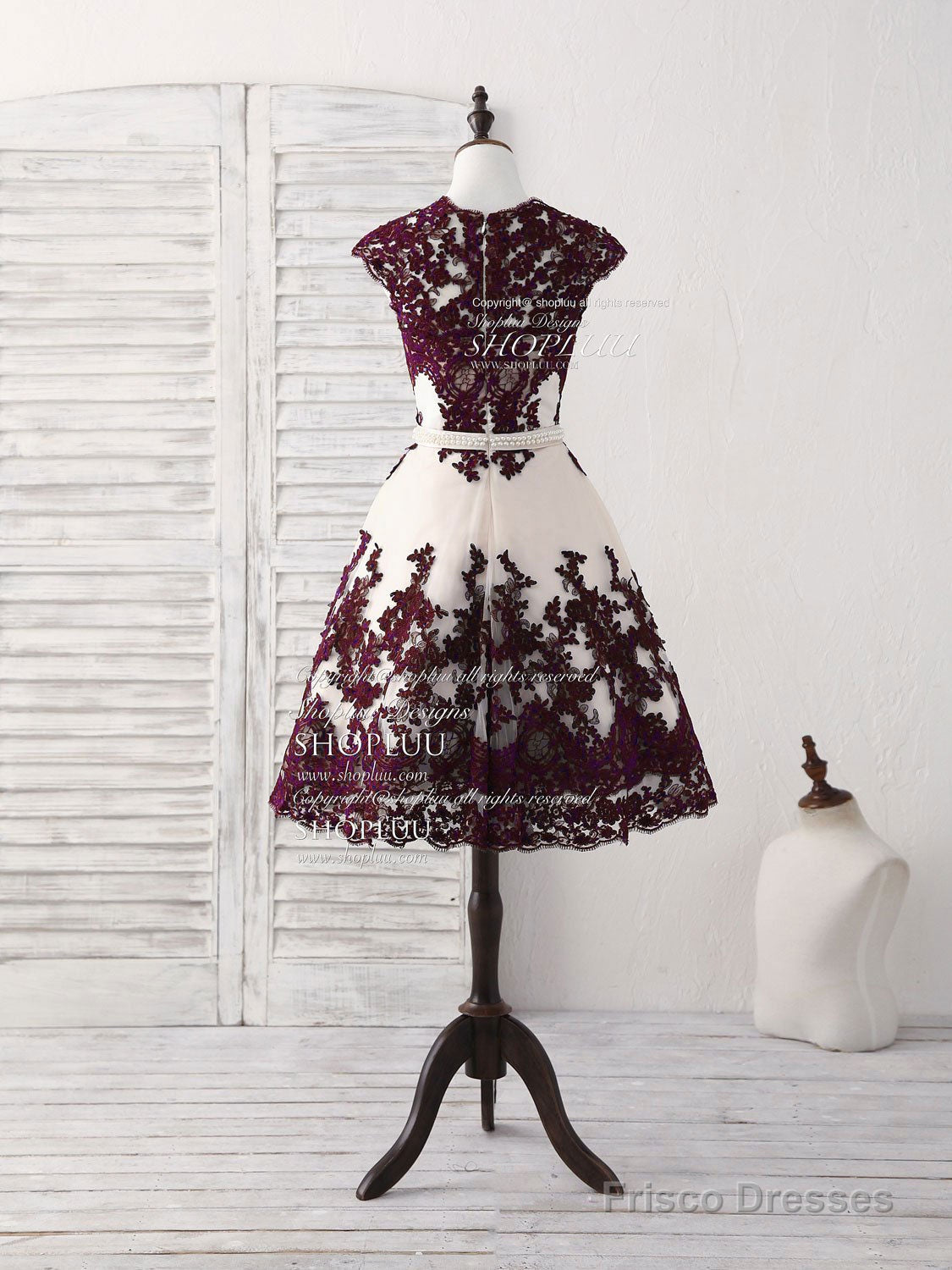 Burgundy Lace Tulle Short Prom Dress Burgundy Bridesmaid Dress Main image