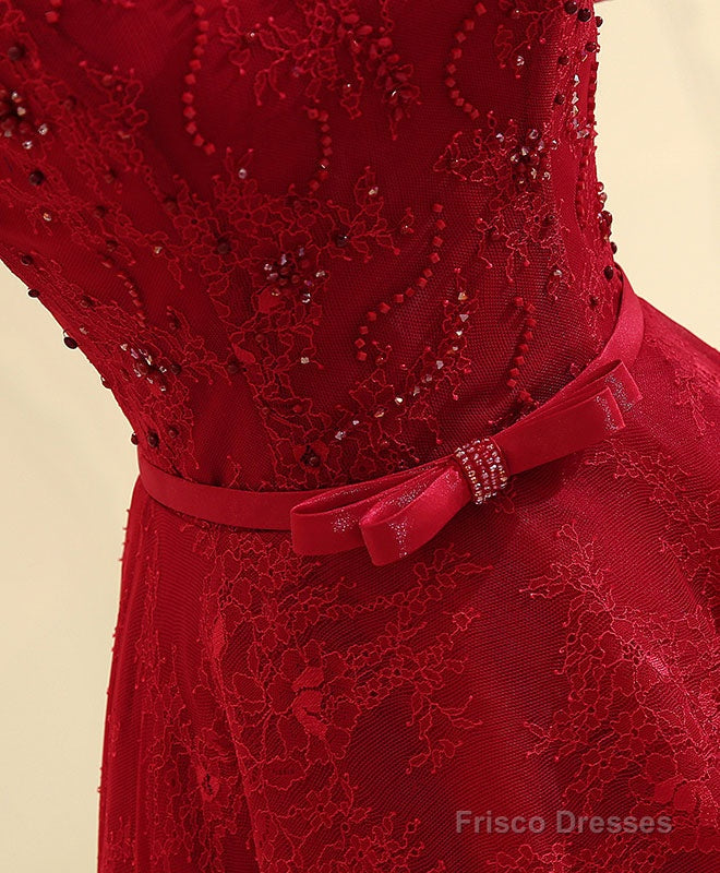 Burgundy Line  Lace Long Prom Dress, Burgundy Evening Dress
