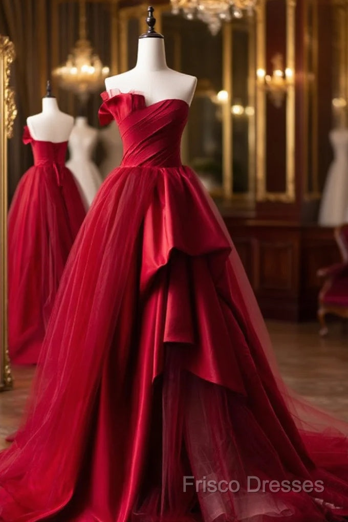 Burgundy Long Formal Prom Dress, Burgundy Satin Formal Long Formal Dress