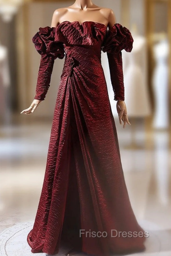 Burgundy Long Sleeve Pleats Formal Prom Dress