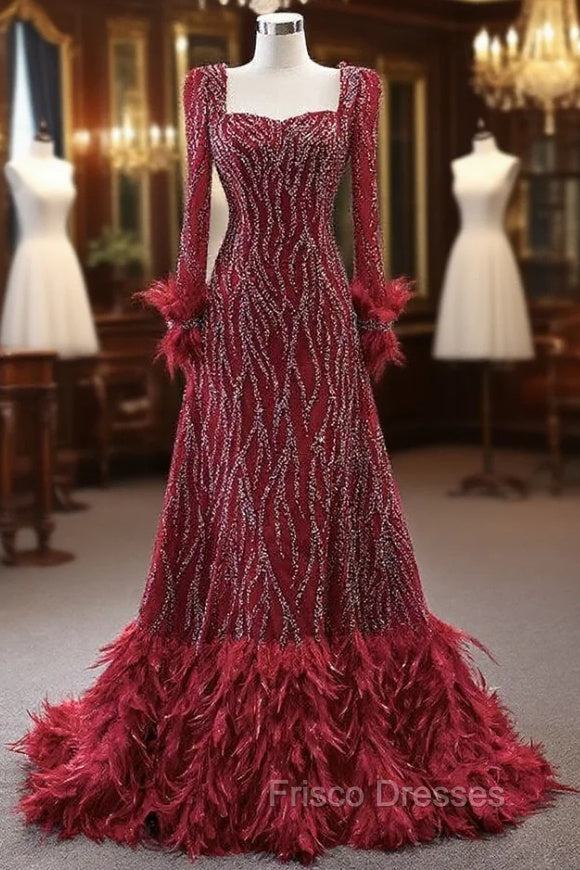 Burgundy Long Sleeve Square Beading Formal Prom Dress Main image