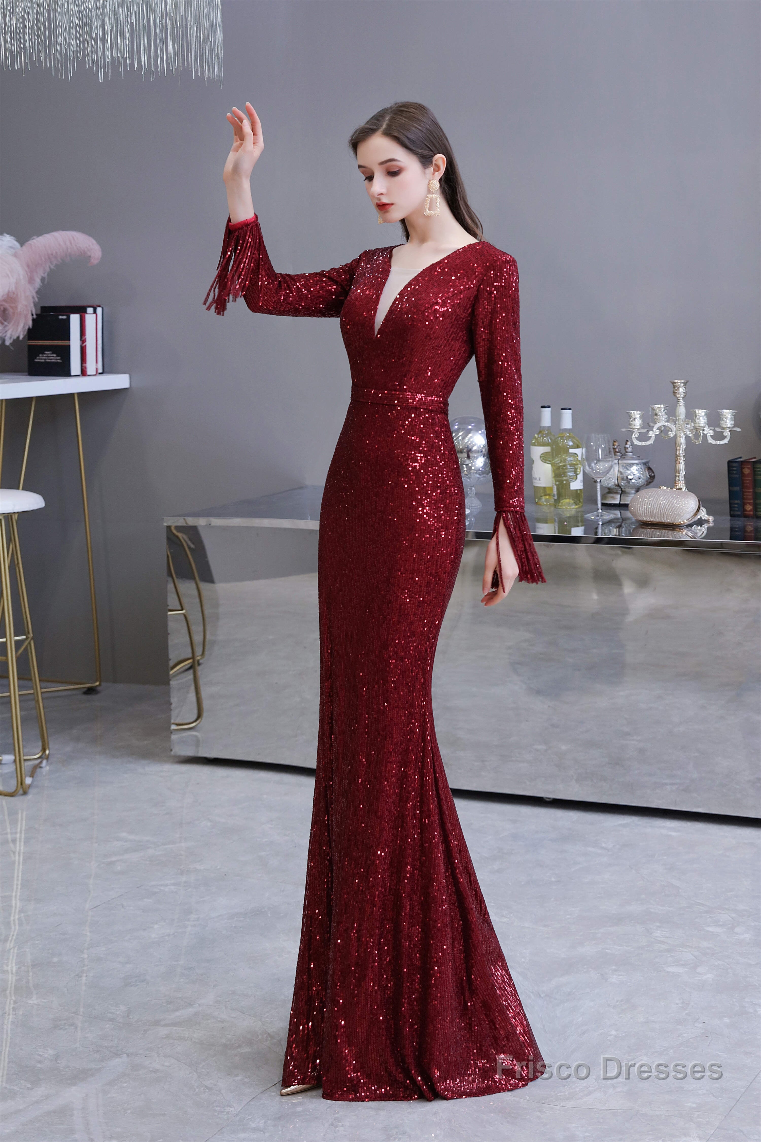 Long Sleeve V Neck Floor Length Crystal Beaded Sequins Mermaid Prom Dresses Main image