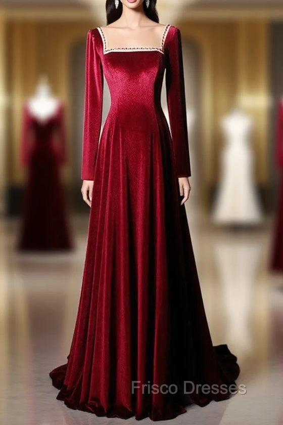Burgundy Long Sleeve Velvet Beading Formal Prom Dress Main image
