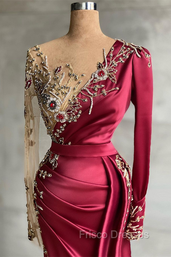 Burgundy Long Sleeves Mermaid Formal Prom Dress With Beadings Secondary image