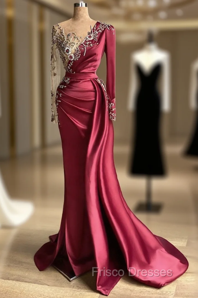 Burgundy Long Sleeves Mermaid Formal Prom Dress With Beadings