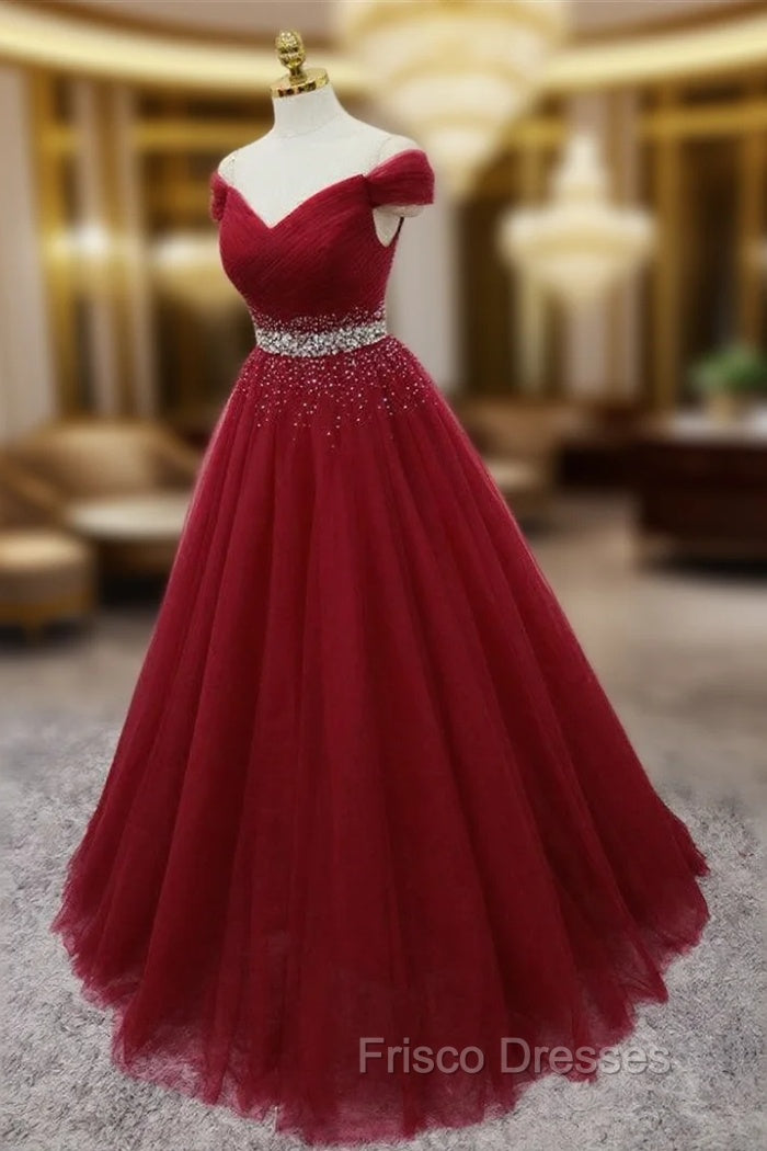 Burgundy Long Tulle Off Shoulder Formal Prom Dress , Junior Formal Prom Dress Main image