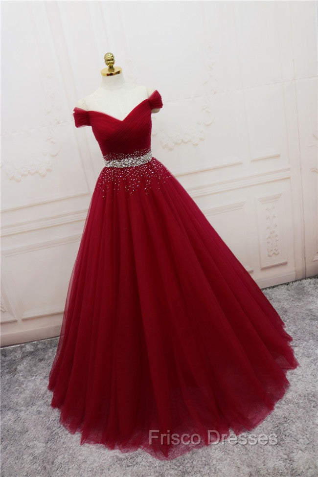 Burgundy Long Tulle Off Shoulder Formal Prom Dress , Junior Formal Prom Dress