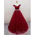 Burgundy Long Tulle Off Shoulder Formal Prom Dress , Junior Formal Prom Dress