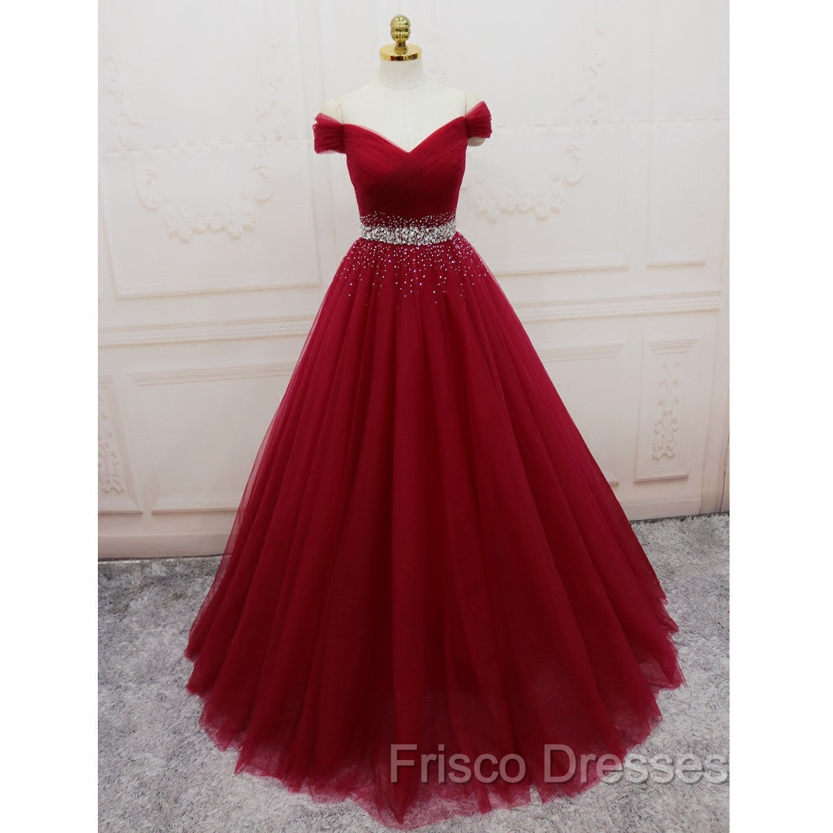 Burgundy Long Tulle Off Shoulder Formal Prom Dress , Junior Formal Prom Dress