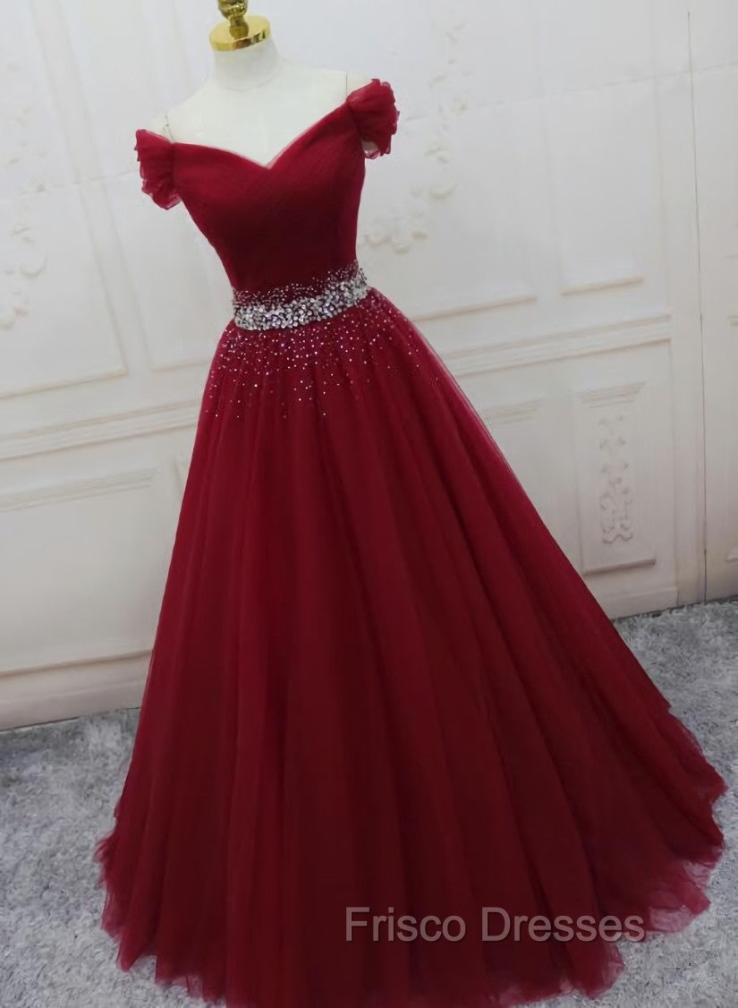 Burgundy Long Tulle Off Shoulder Formal Prom Dress , Junior Formal Prom Dress Secondary image