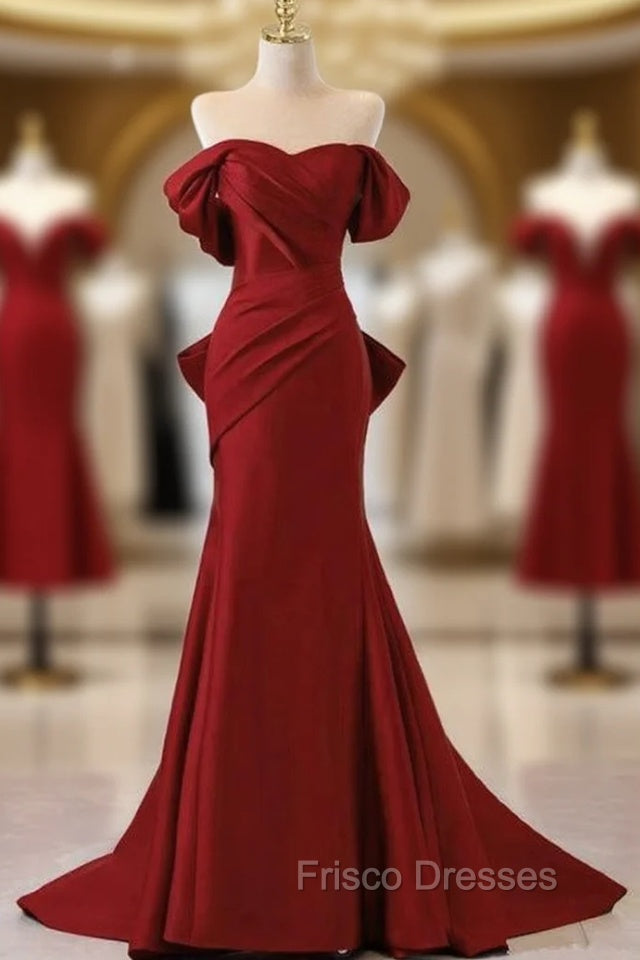 Burgundy Memraid Off the Shoulder Bow Formal Prom Dress