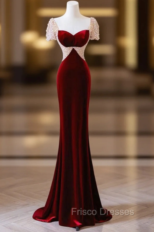 Burgundy Memraid Velvet Short Sleeve Beading Formal Prom Dress